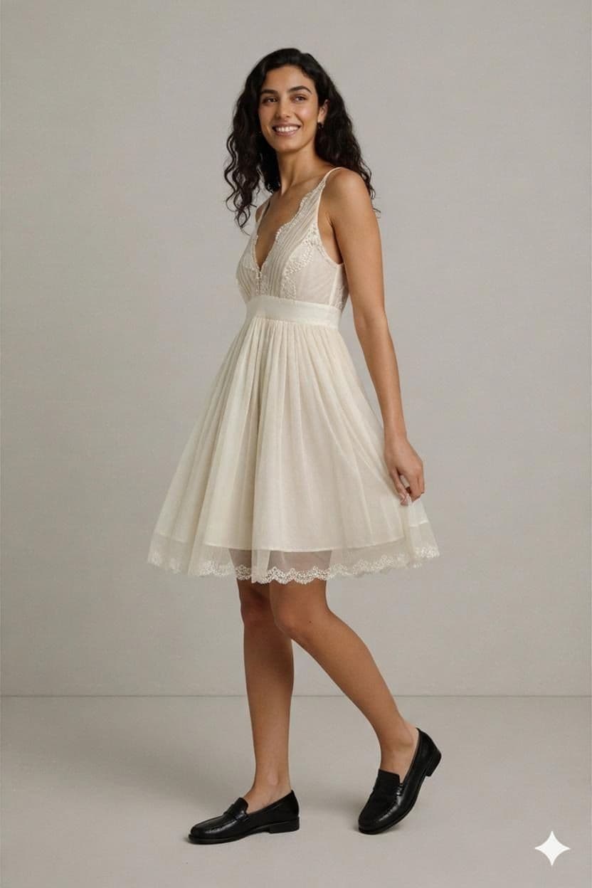 ICHI Cream Lace & Tulle V-Neck Dress