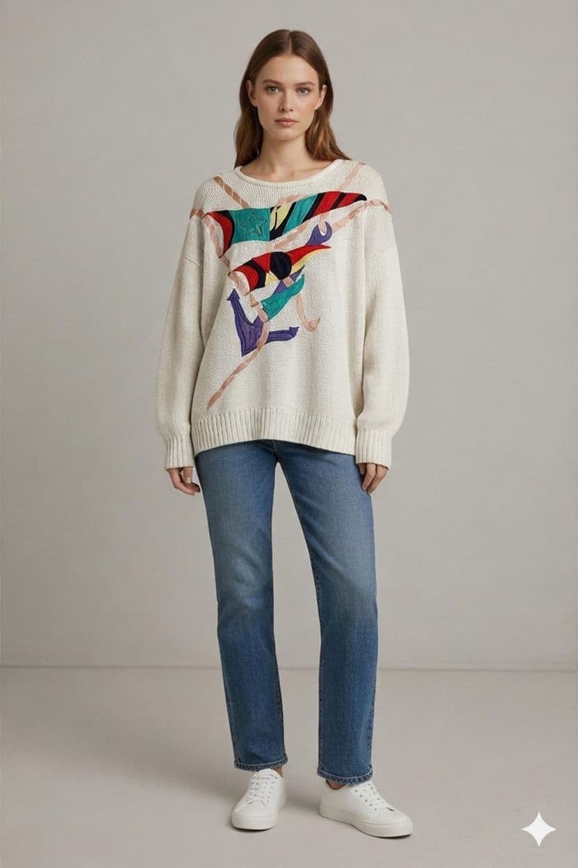 Vintage 80s Malina Wong Abstract Appliqué Sweater - Cream 1