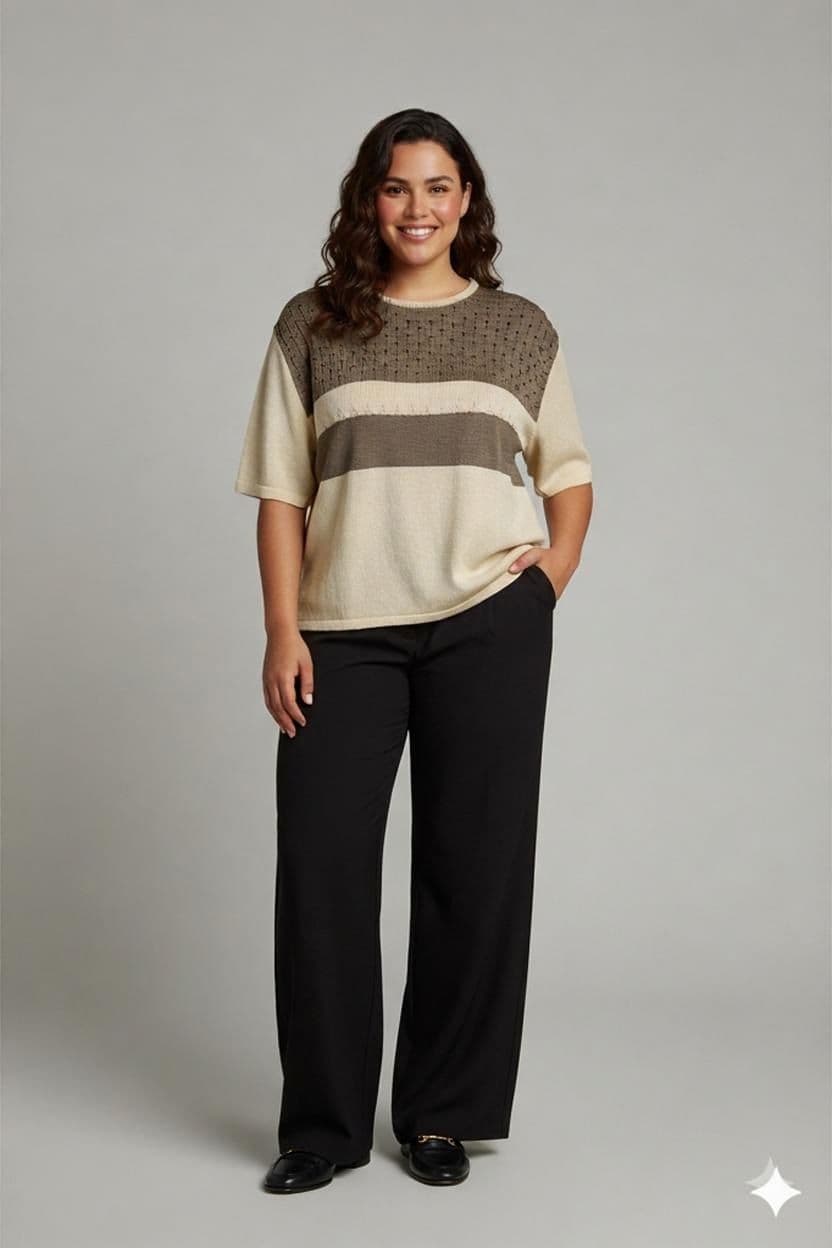 Vintage Basketweave Knit Sweater - Beige & Brown Stripes - Size 50 1