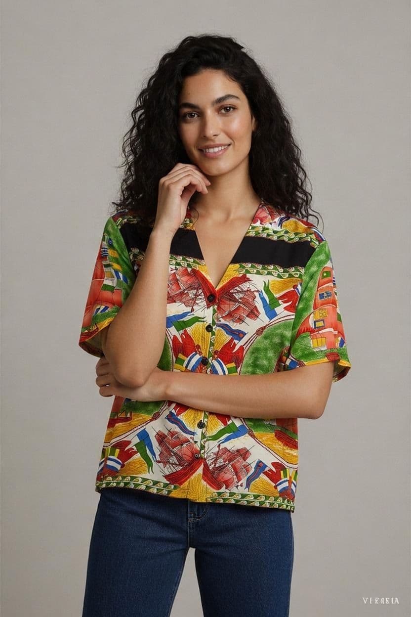 Vintage 90s Nautical Print Button-Down Shirt - Bold Sailing Pattern Size 50 1