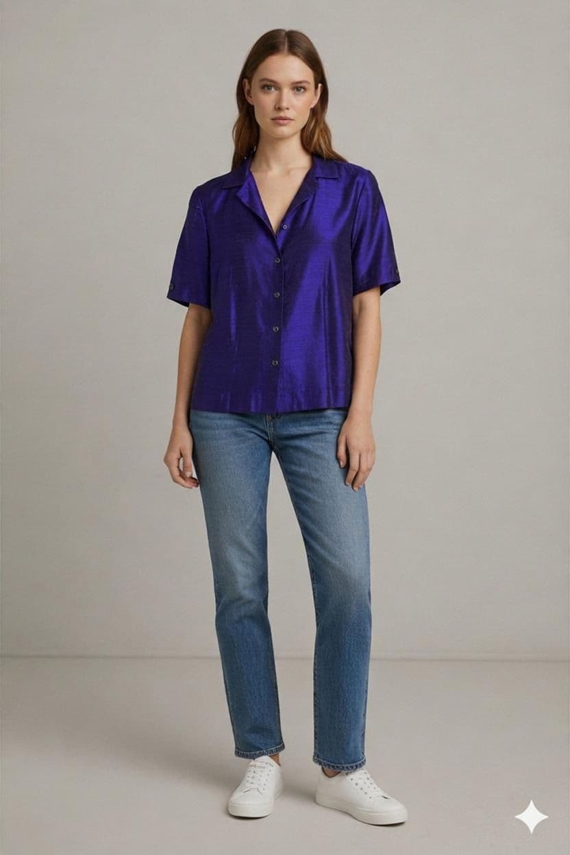Vintage 90s Royal Purple Raw Silk Button-Down Shirt - Size 48 1