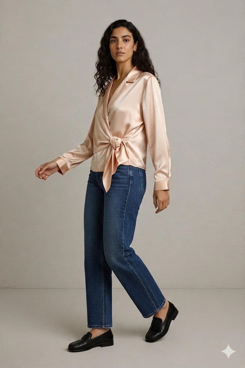 Vintage 80s ELJANA Fashion Peach Satin Wrap Blouse - Size 38 1