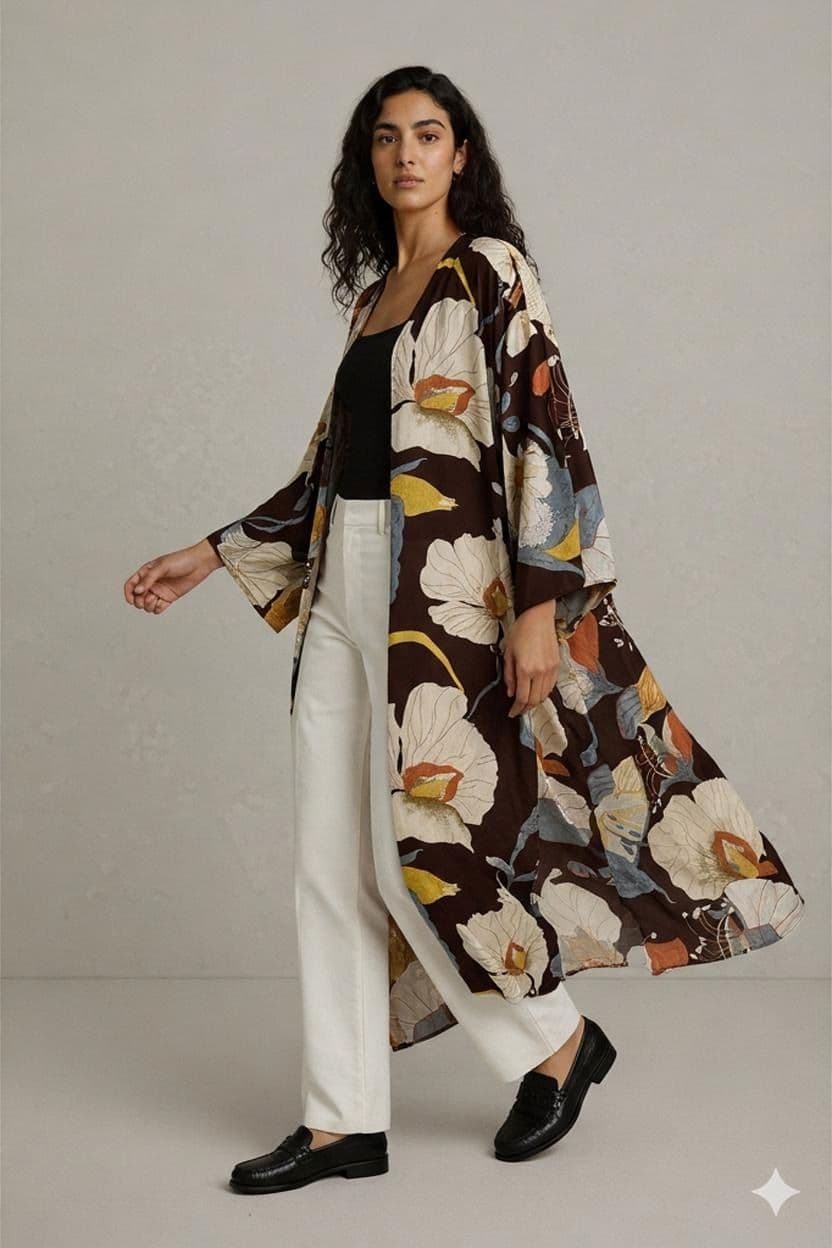 Floral Print Long Sleeve Jacket - Brown & Cream 1