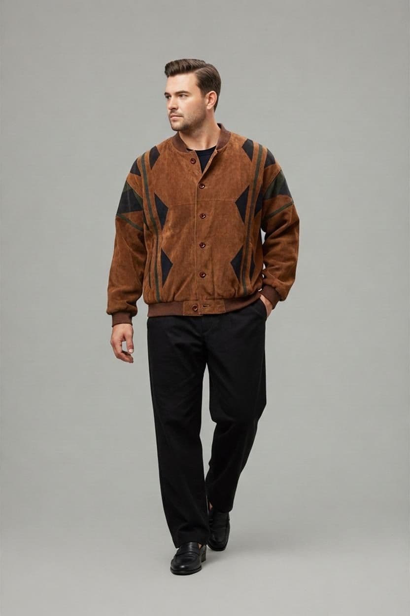 Vintage 90s Happy Life Suede Bomber Jacket - Geometric Pattern - 54/XL 1