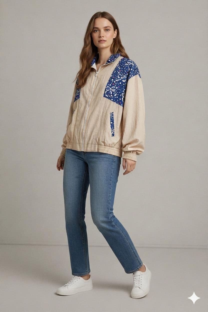 Vintage Beige & Blue Cosmic Pattern Windbreaker - Size S 1