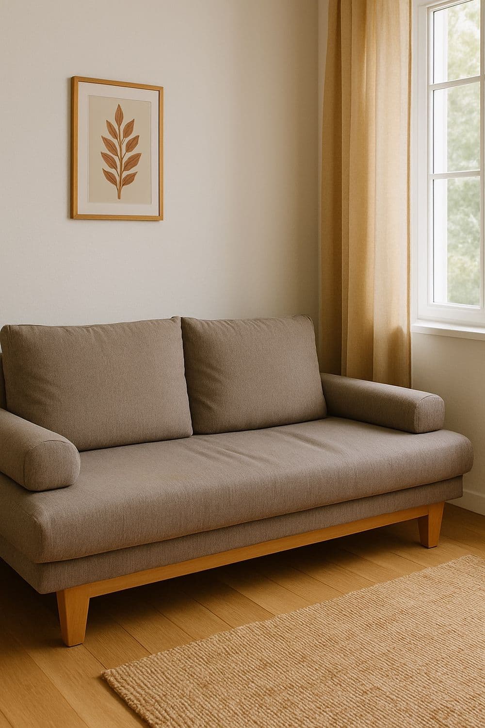Modern Brown Fabric Sofa with Wooden Base 1