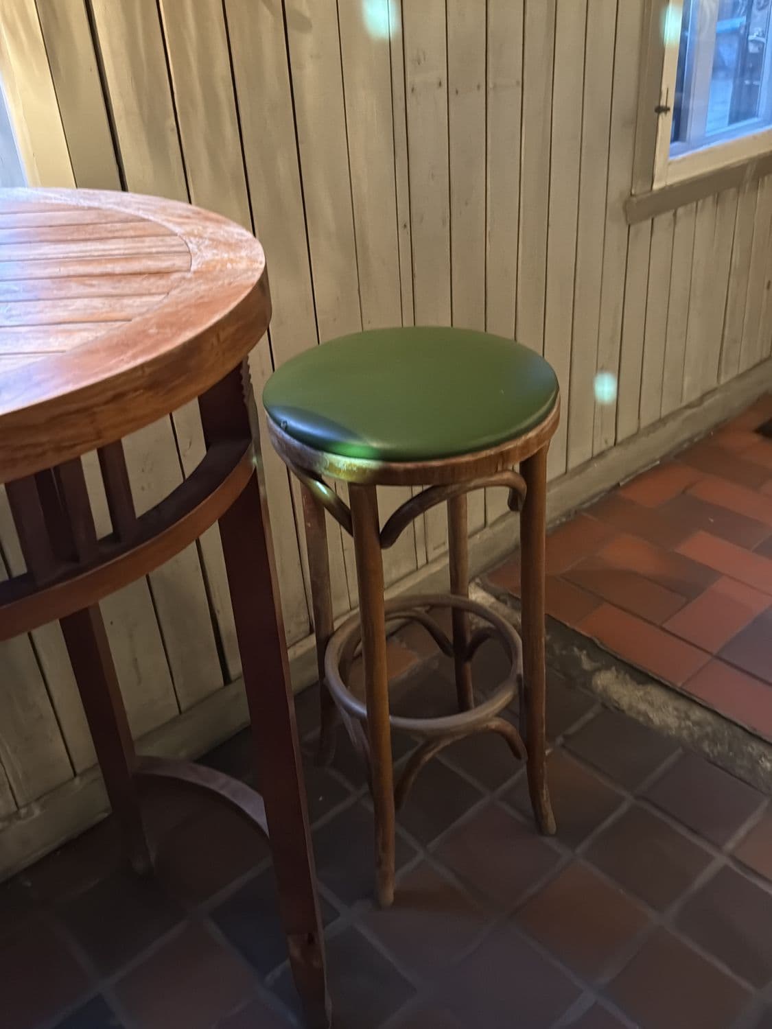 Vintage Wooden Bar Stool with Green Vinyl Seat 1
