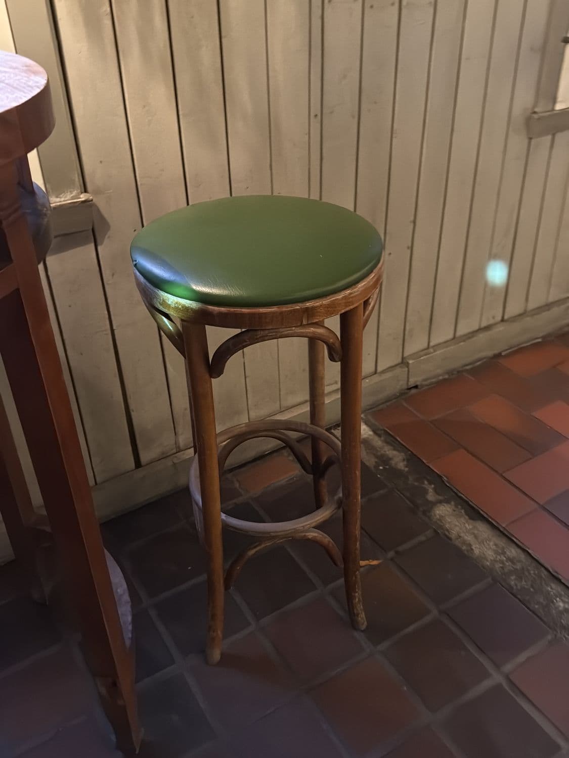 Vintage Wooden Bar Stool with Green Vinyl Seat 2
