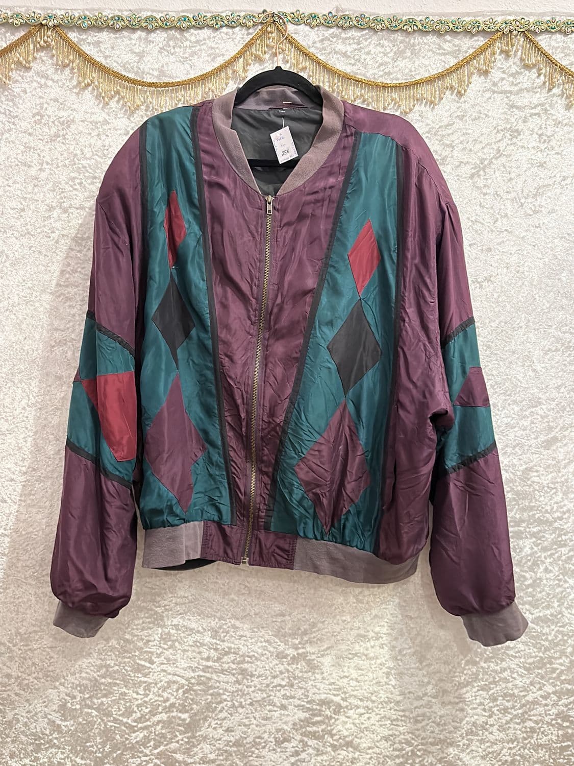 Vintage 100% Silk Bomber Jacket - Colorblock Geometric Pattern 2
