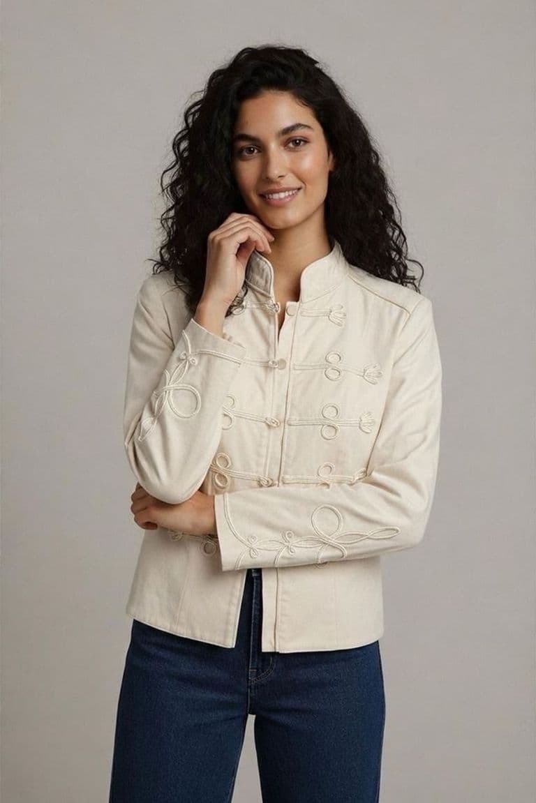 Cream Military Style Jacket with Frogging Detail 1