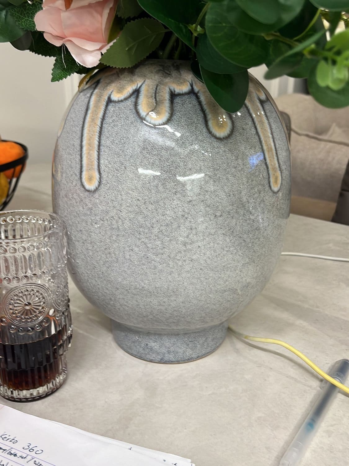 Grey Ceramic Vase with Decorative Drip Glaze Pattern