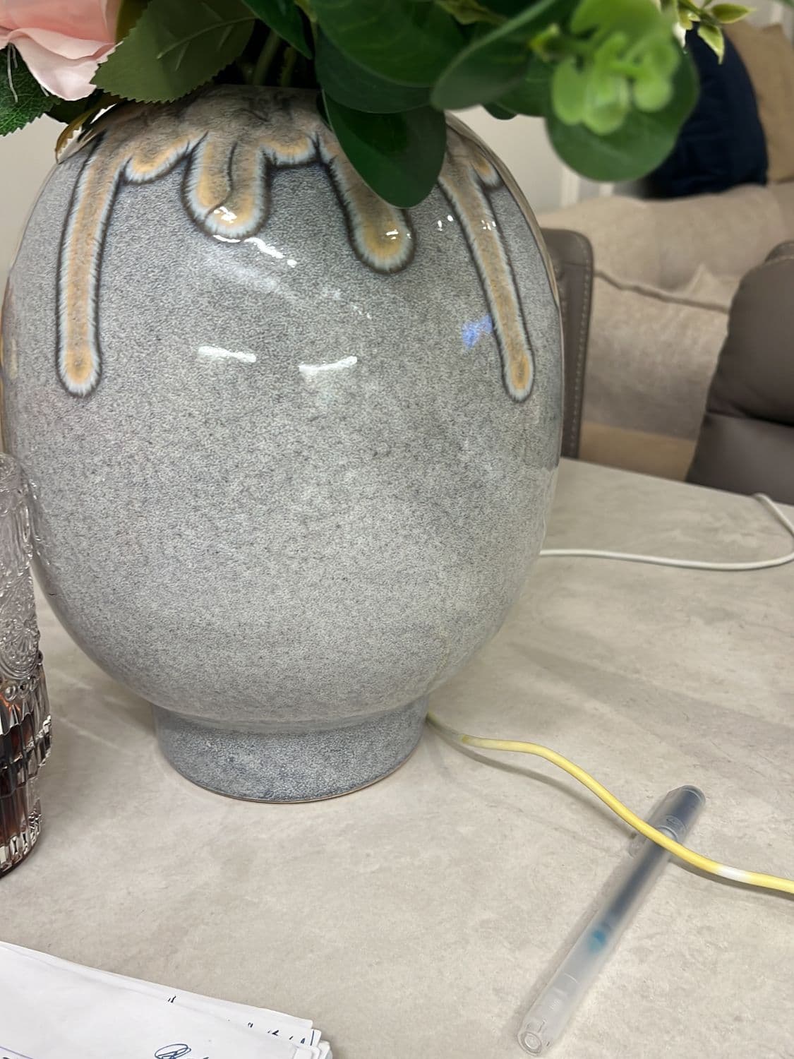 Grey Ceramic Vase with Decorative Drip Glaze Pattern 2