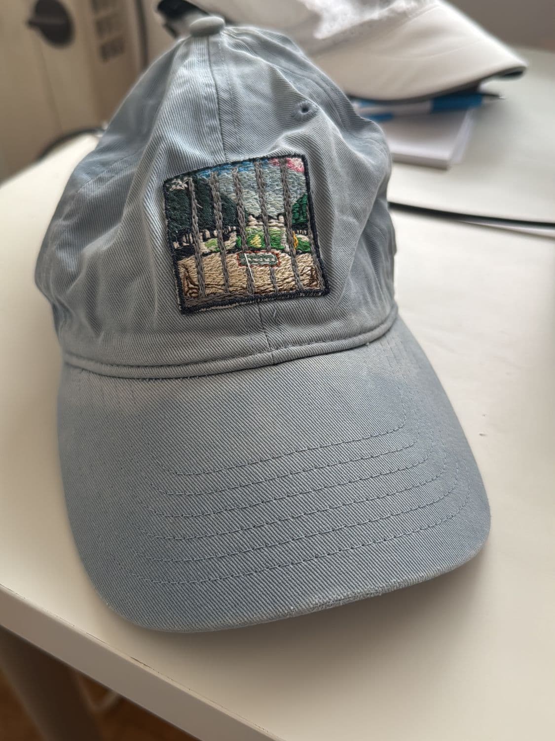 Light Blue Baseball Cap with Embroidered Landscape Patch