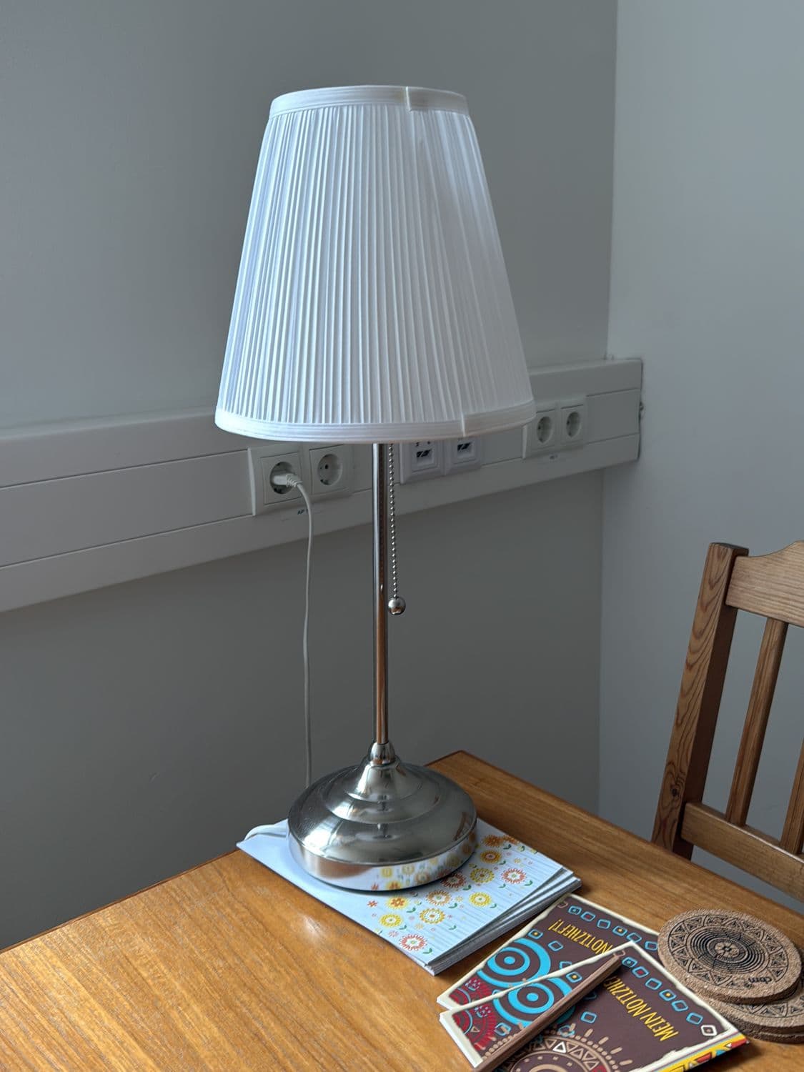 Table Lamp with White Pleated Shade and Chrome Base