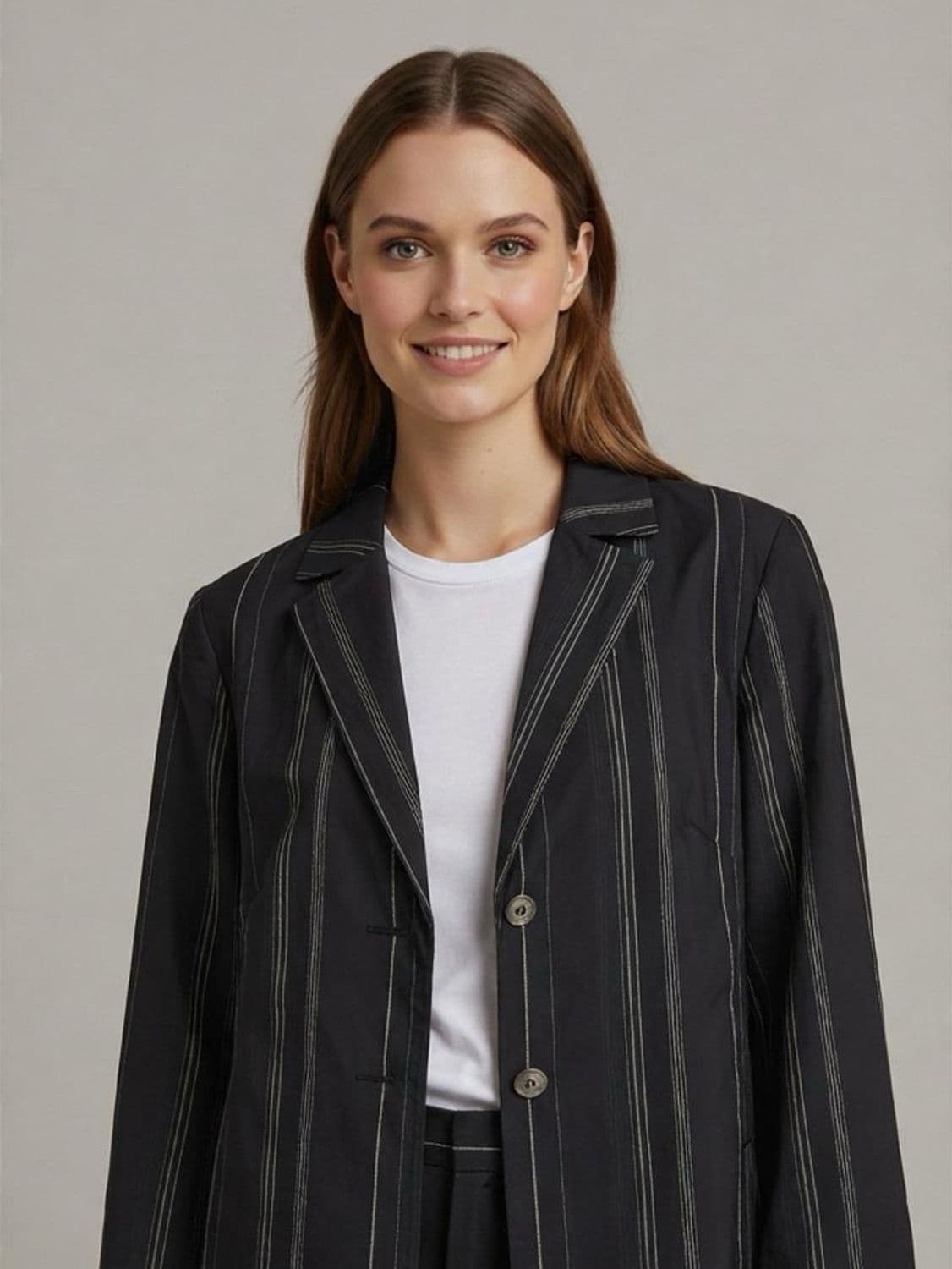 Erich Fend Black Pinstripe Long Blazer with Green Lining - Size 38 1
