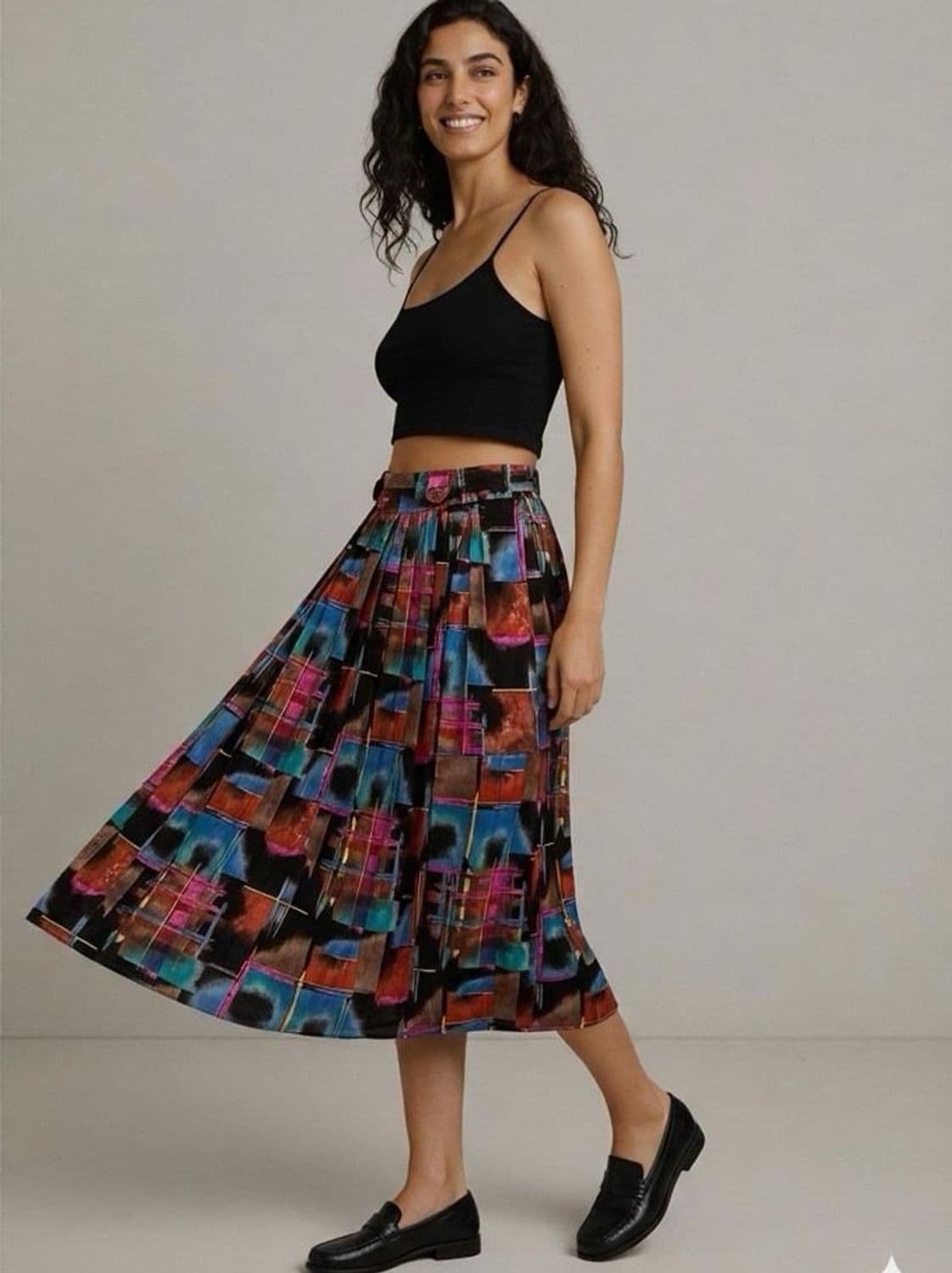 Vintage 80s C&A Geometric Print Pleated Midi Skirt - Size 42 1