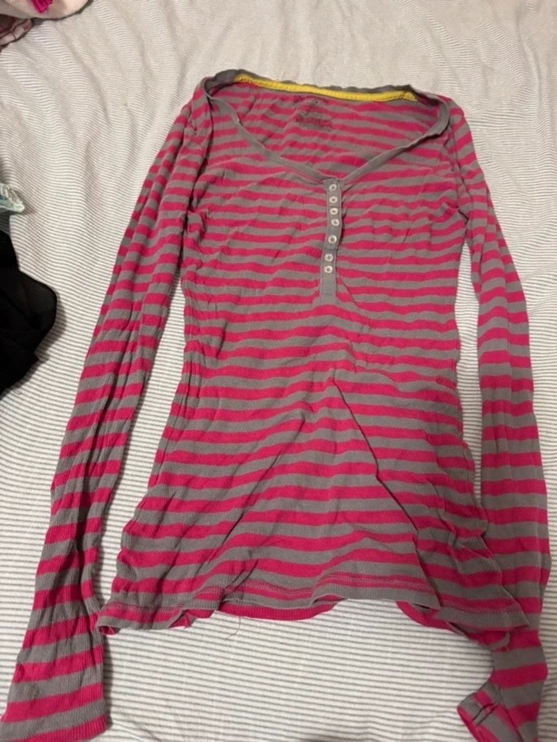 Pink & Grey Striped Long Sleeve Button Front Top 2
