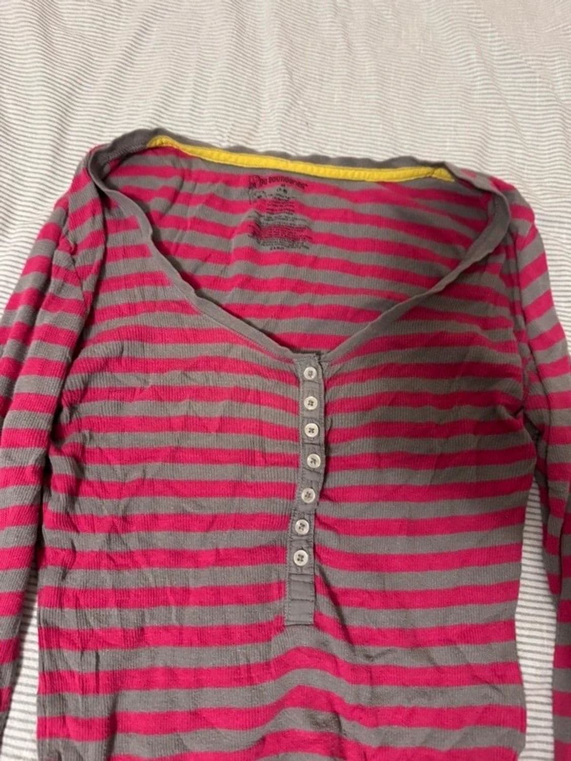 Pink & Grey Striped Long Sleeve Button Front Top