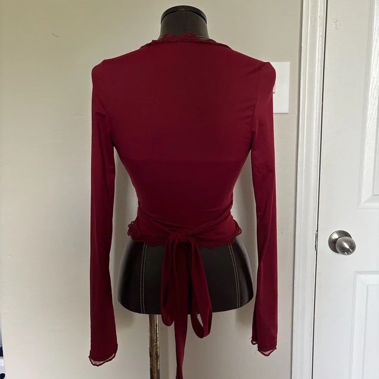Burgundy Wrap Top with Lace Trim Detail