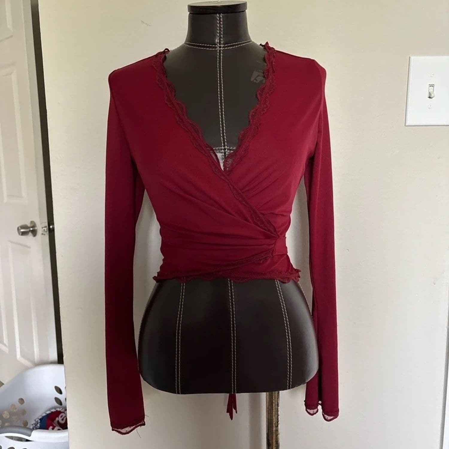 Burgundy Wrap Top with Lace Trim Detail 2