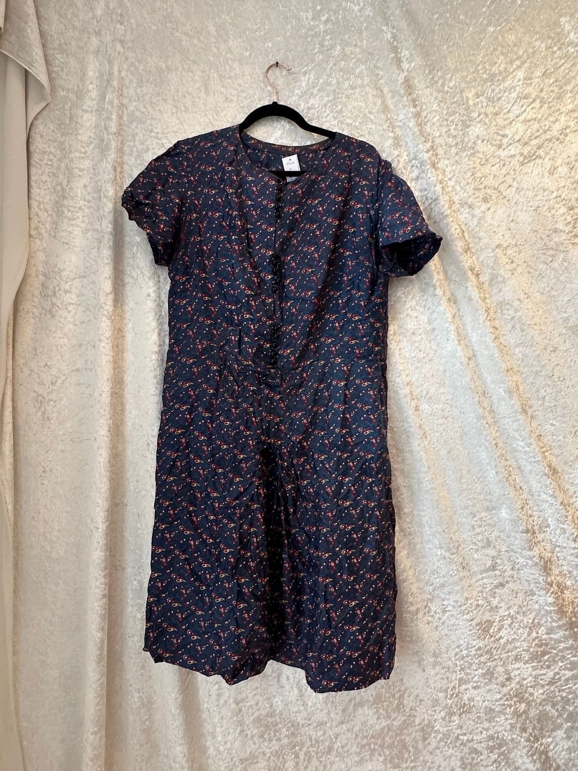 Vintage 70's Navy Floral Print Dress - Short Sleeve V-Neck Shift Dress 1